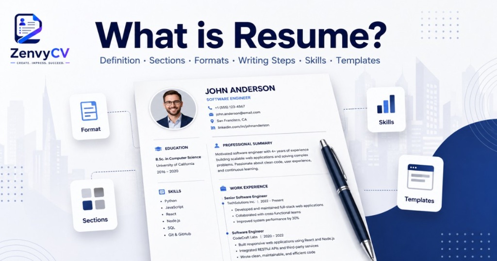 What is Resume - Definition, Sections, Formats, Writing Steps, Skills and Templates guide illustration